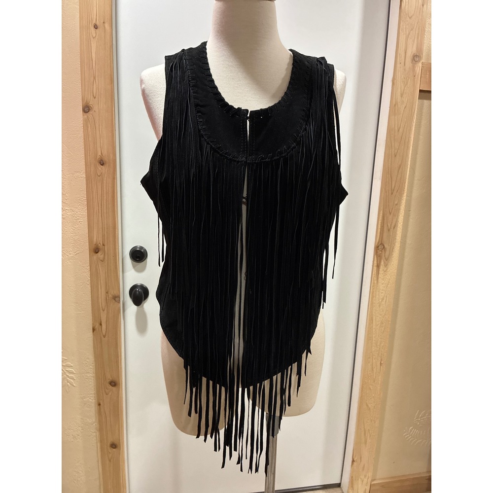 Guess Black Suede Leather Fringe Vest Leopard Print Lining Western Boho Medium